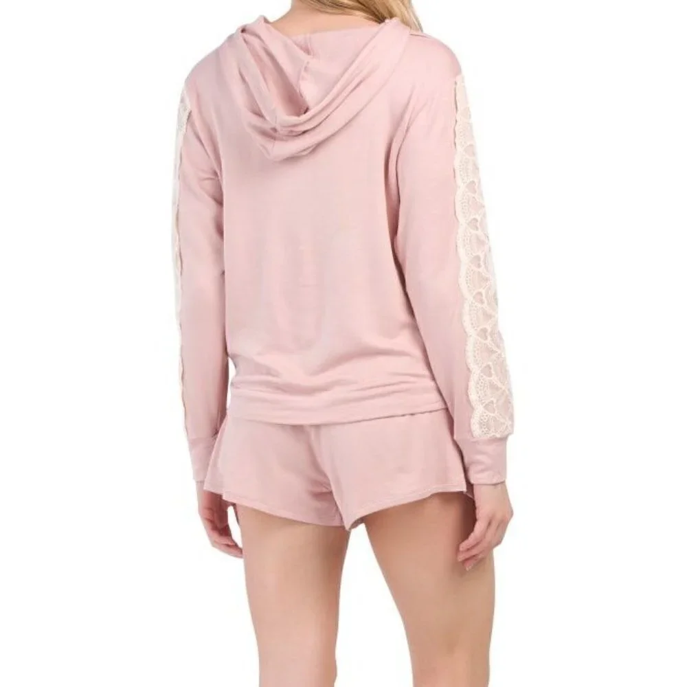 Soft Cozy Comfy Pretty Hoodie Shorts Set Loungewear Lace Trim Pink Women Size L - Picture 2 of 2